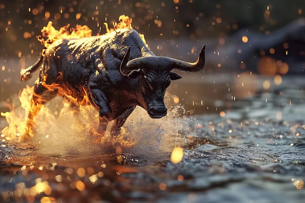 Bull running through the water in the rain with splashes of water