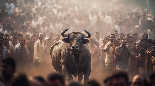 A bull standing between a large group of people ai generated image