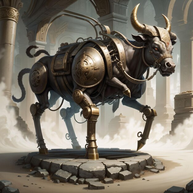 A bull statue is shown in a fantasy setting.