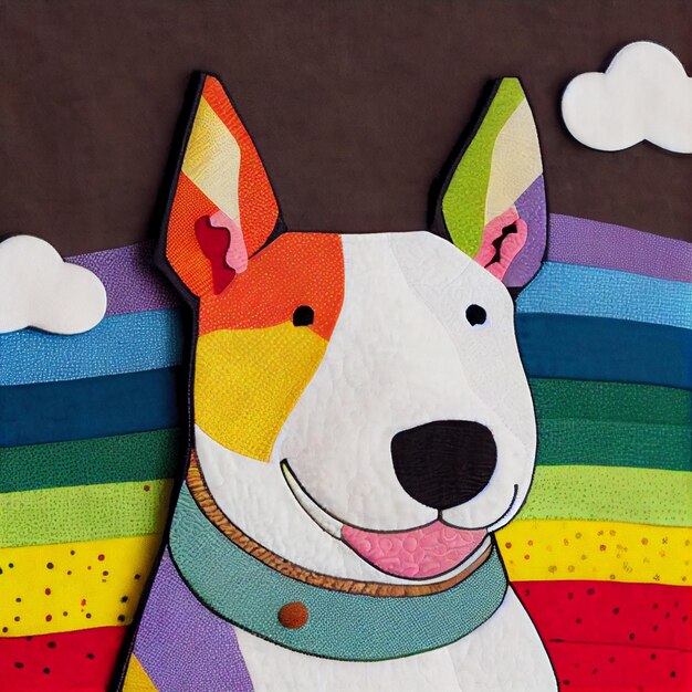 A bull terrier is shown with a rainbow background and the words bull terrier on the front