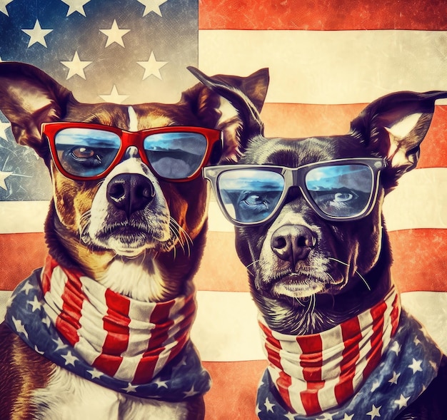 Bull terrier waving a flag of usa and victory or peace fingers on independence day 4th of july with sunglasses