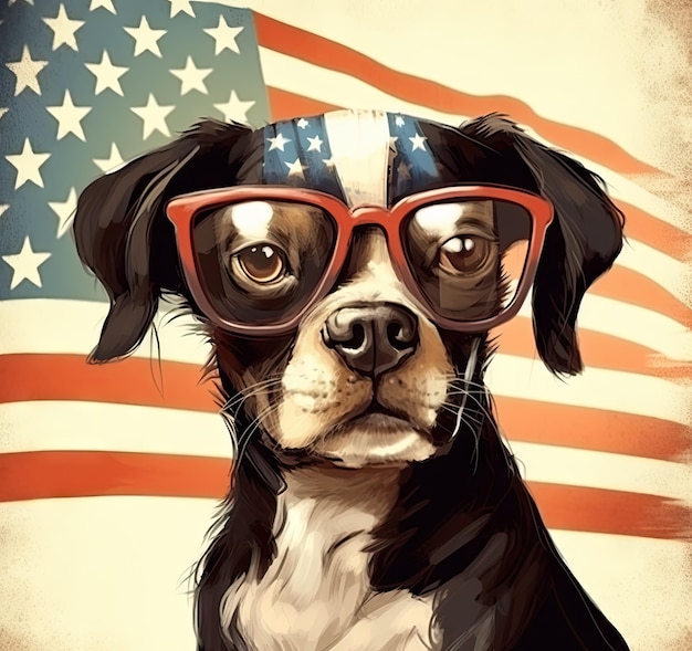 Bull terrier waving a flag of usa and victory or peace fingers on independence day 4th of july with sunglasses