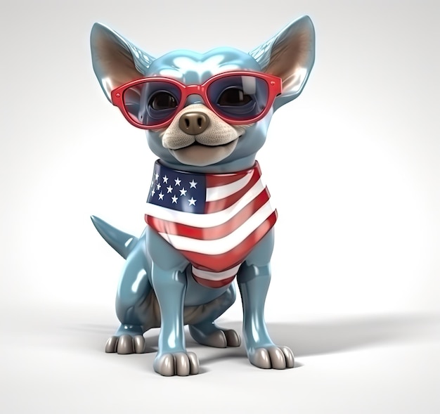 Bull terrier waving a flag of usa and victory or peace fingers on independence day 4th of july with sunglasses