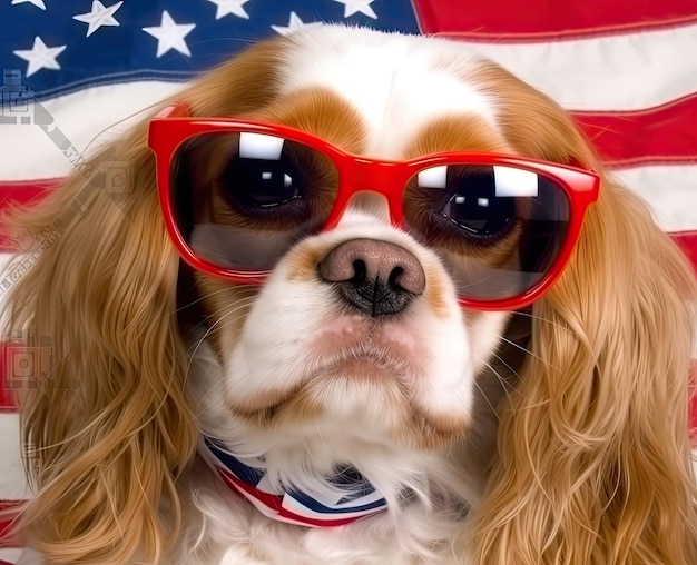 Bull terrier waving a flag of usa and victory or peace fingers on independence day 4th of july with sunglasses