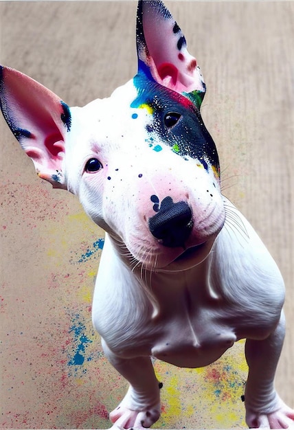 A bull terrier with a colorful paint job