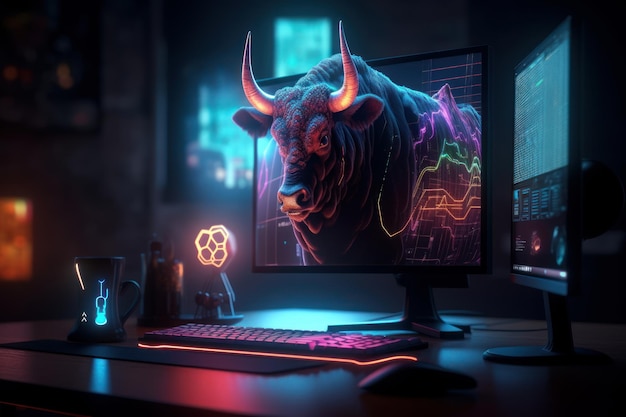 Bull trading con il computer rialzista nel mercato azionario e criptovaluta generativo ai