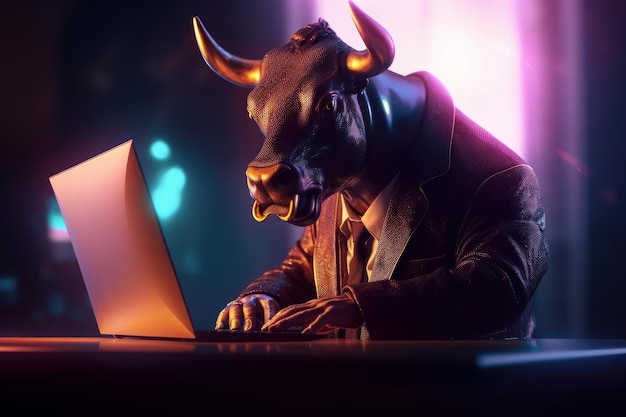 Bull trading with computer Bullish in Stock market and Crypto currency Generative Ai