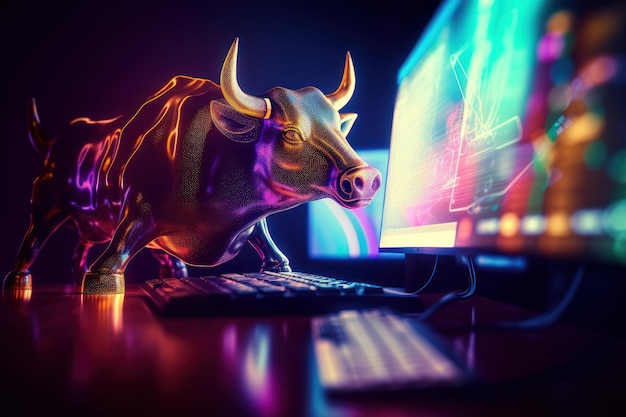 Bull trading with computer Bullish in Stock market and Crypto currency Generative Ai