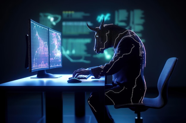 Bull trading with computer Bullish in Stock market and Crypto currency Generative Ai