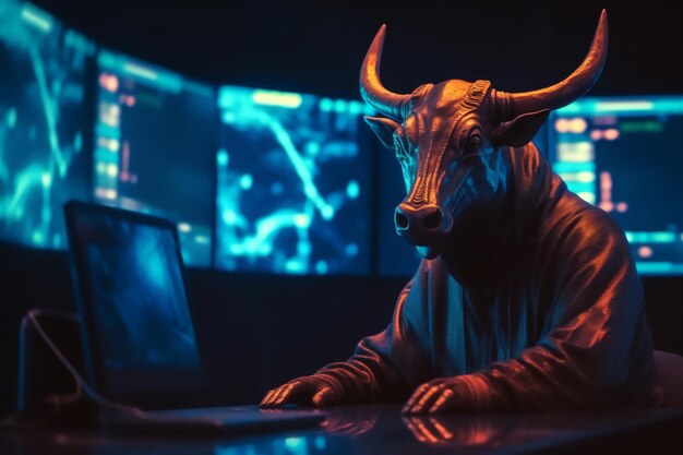 Photo bull trading with computer and graph on screen bullish in stock market generative ai