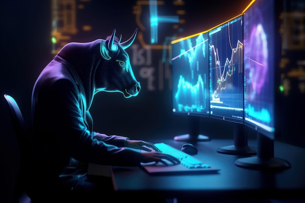 Bull trading with computer and graph on screen Bullish in Stock market Generative Ai