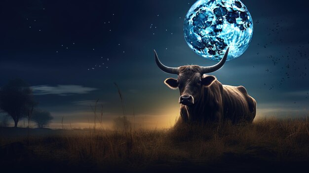 Bull in a tranquil meadow under a moonlit sky