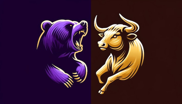 Photo bull vs bear symbols of stock market trends fierce market battle in gold and purple colors