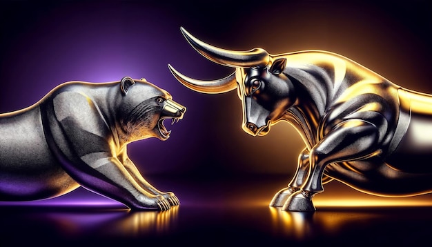 Photo bull vs bear symbols of stock market trends fierce market battle in gold and purple colors