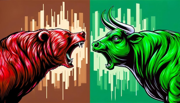 Bull vs bear symbols of stock market trends fierce market battle in red and green background