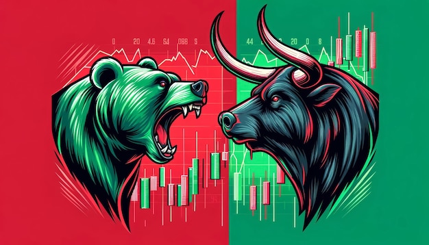 Bull vs bear symbols of stock market trends fierce market battle in red and green background