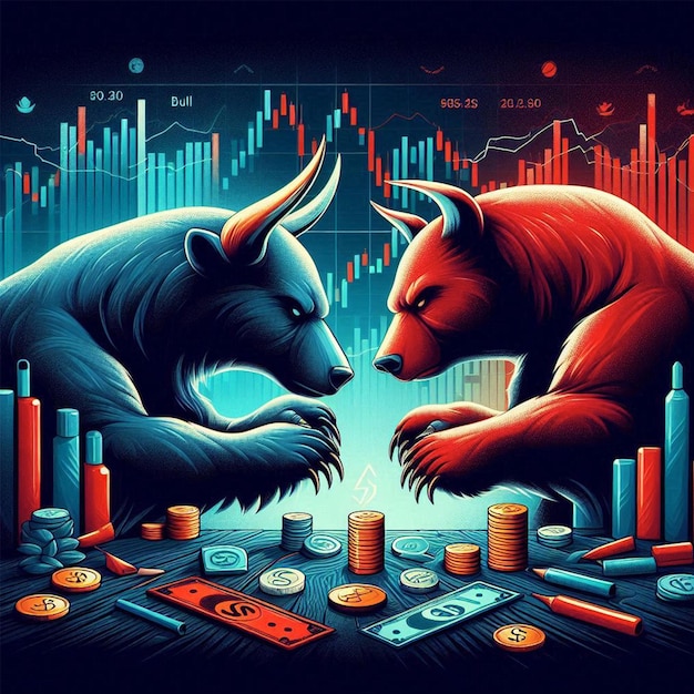 Photo bull vs bear trading stock market illustration in grafic up and down