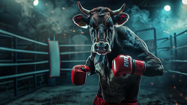 Photo a bull wearing gloves in the fight arena