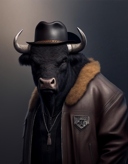 Photo a bull wearing a leather jacket and hat