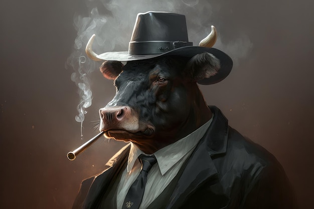 Bull wearing suit and hat with pipe Generative AI