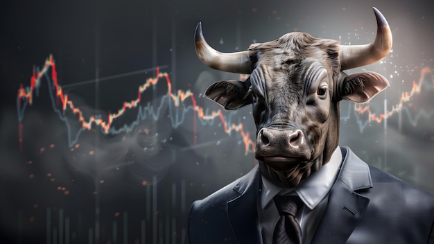 Photo a bull wearing a suit showing market growth and recovery in the market bullish market trend