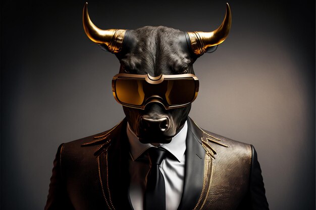 A bull wearing a suit and sunglasses stands in front of a black background.