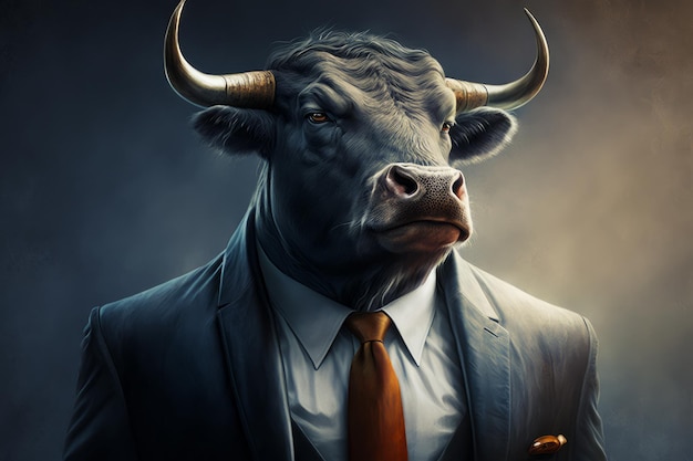 Bull wearing suit and tie with dark background Generative AI