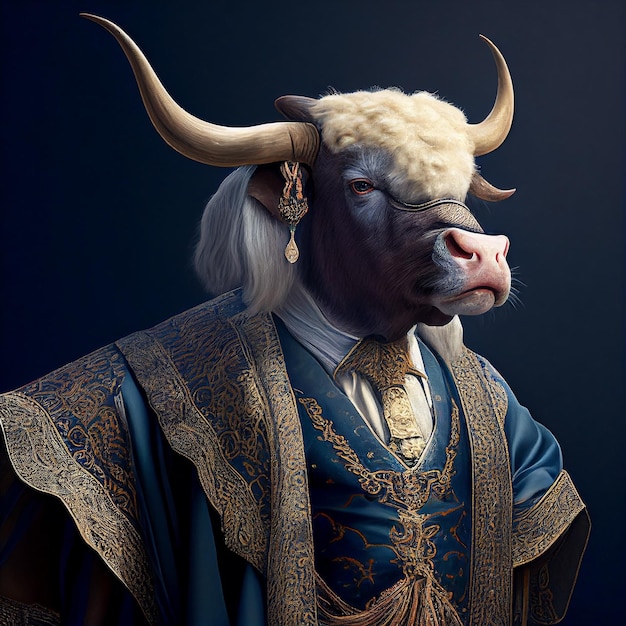 A bull wearing a suit and a tie with a gold tie.