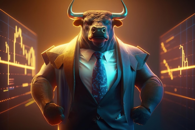 Bull wearing suit working with graph on screen Bullish in Stock market and Crypto Generative Ai