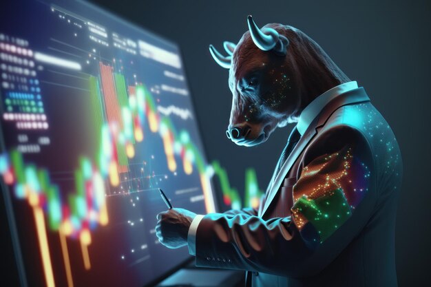 Bull wearing suit working with graph on screen Bullish in Stock market and Crypto Generative Ai