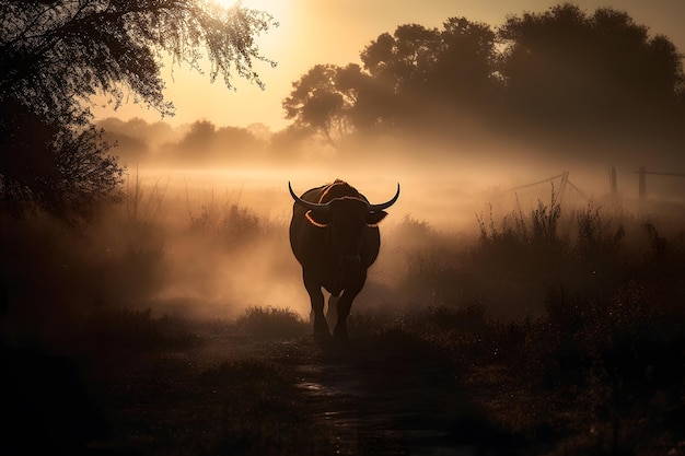 Bull in the wild Landscape with sunset or sunrise Neural network AI generated