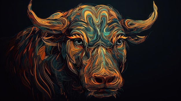 A bull with a black background and orange and blue lines.