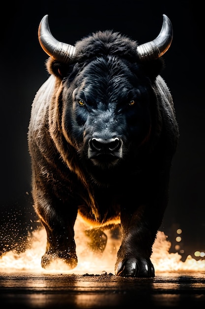 Photo bull with a black background and smoke around it