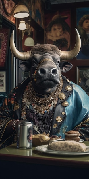 A bull with a blue jacket sits at a bar with a drink in it.