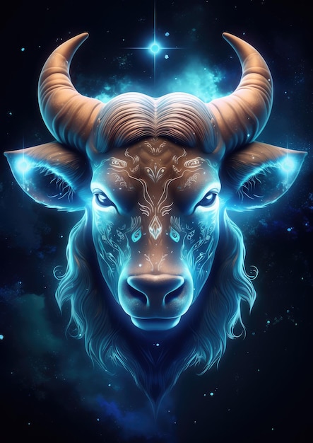 Foto un toro con una luce blu sulle corna taurus canta nell'oroscopo animale generativo ai