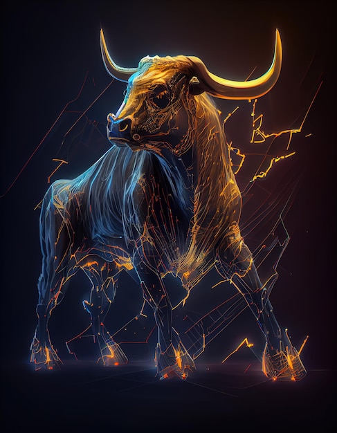 A bull with a blue and orange flame on its face