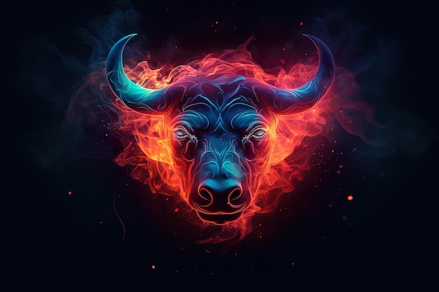 A bull with a blue and red fire on it's face Generative AI image
