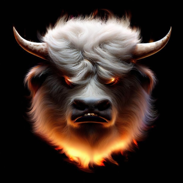 A bull with a burning face on a black background