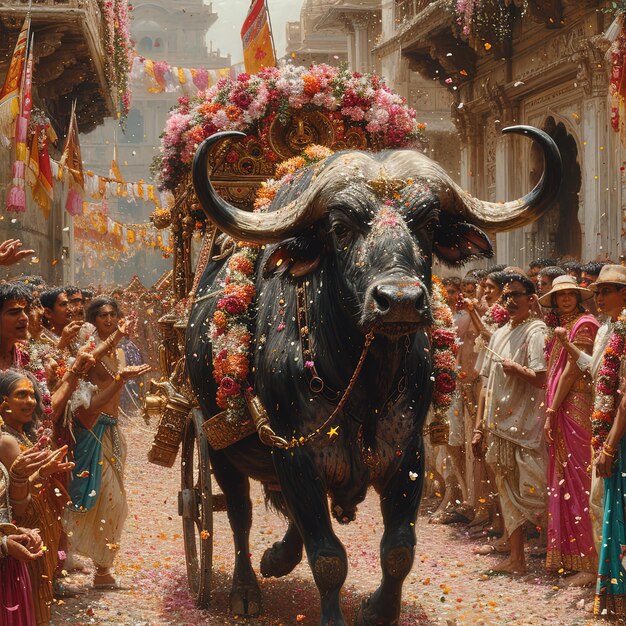 a bull with a cart with flowers on it