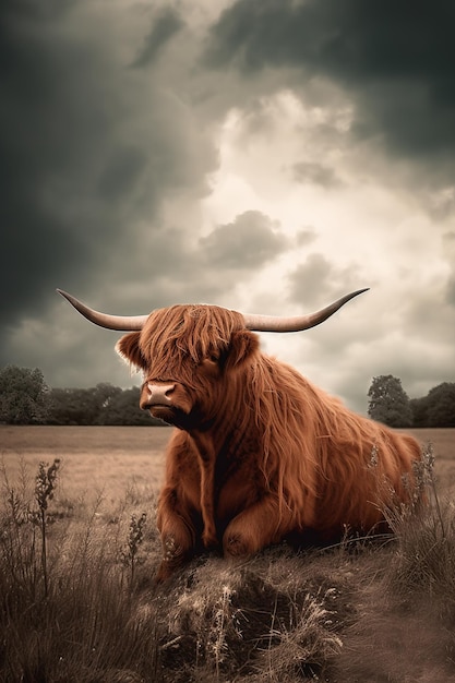 a bull with extended horns reclining on a grassy area