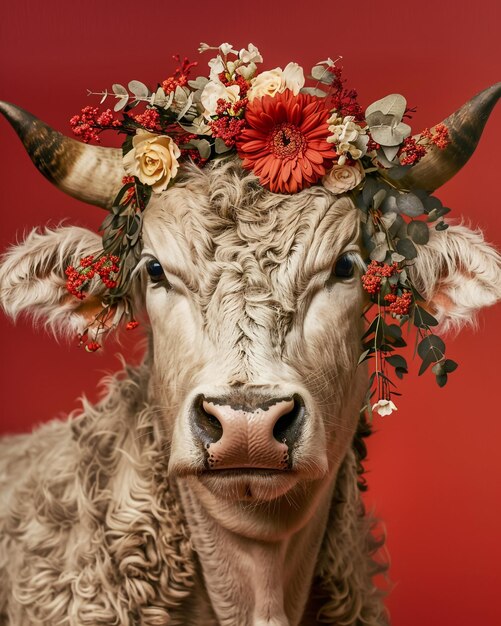 a bull with a flower wreath on its head