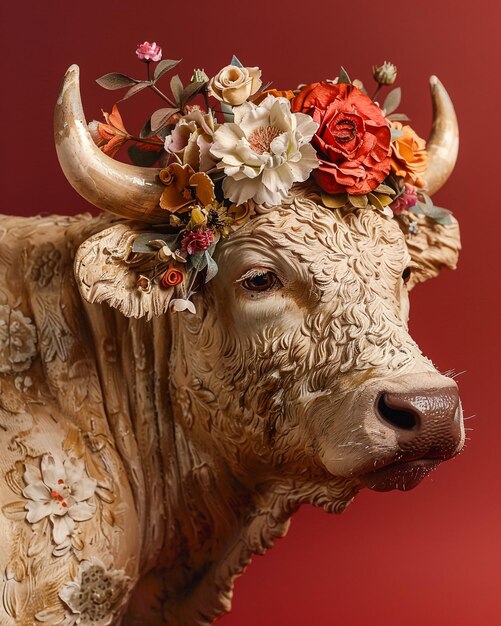 a bull with flowers on its head is shown