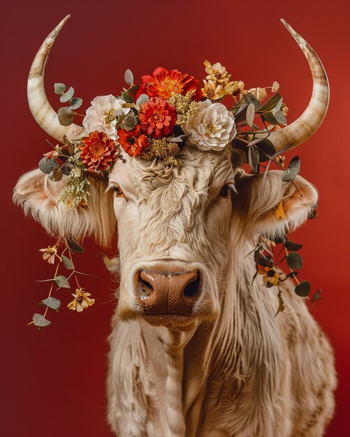 a bull with flowers on its head is shown