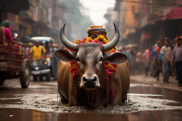 a bull with flowers on its head walking through a puddle of water