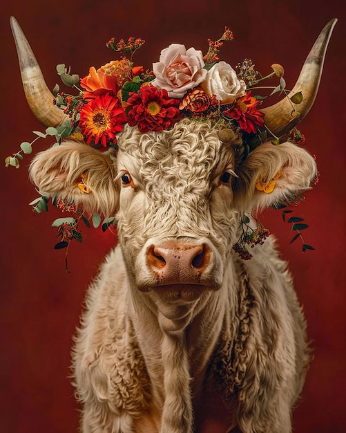 a bull with flowers on its head and the word  wild  on it