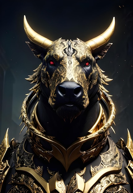 A bull with a gold and black coat and red eyes stands in front of a dark background.