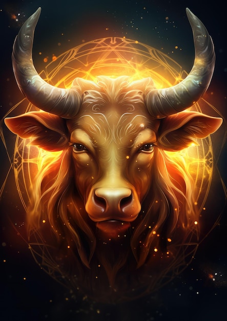 A bull with a gold ring on its horns taurus sign in horoscope fantasy animal Generative Ai