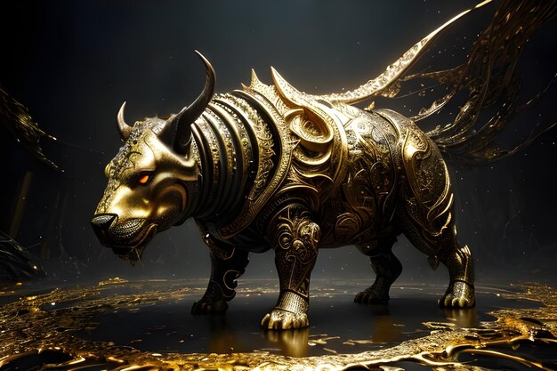 A bull with gold wings and a red eye.