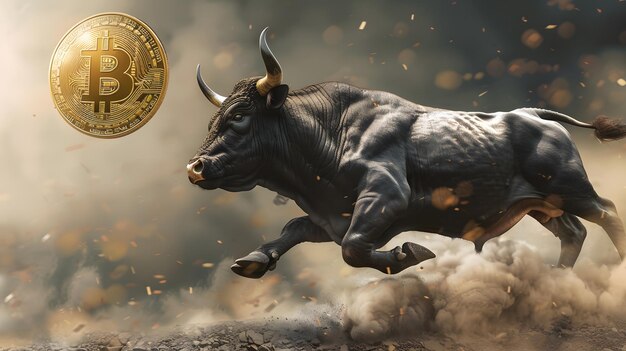 Bull with golden bitcoin in the dust Conceptual image of crypto currency