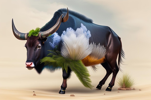 A bull with a green bush on its head walks through the desert.